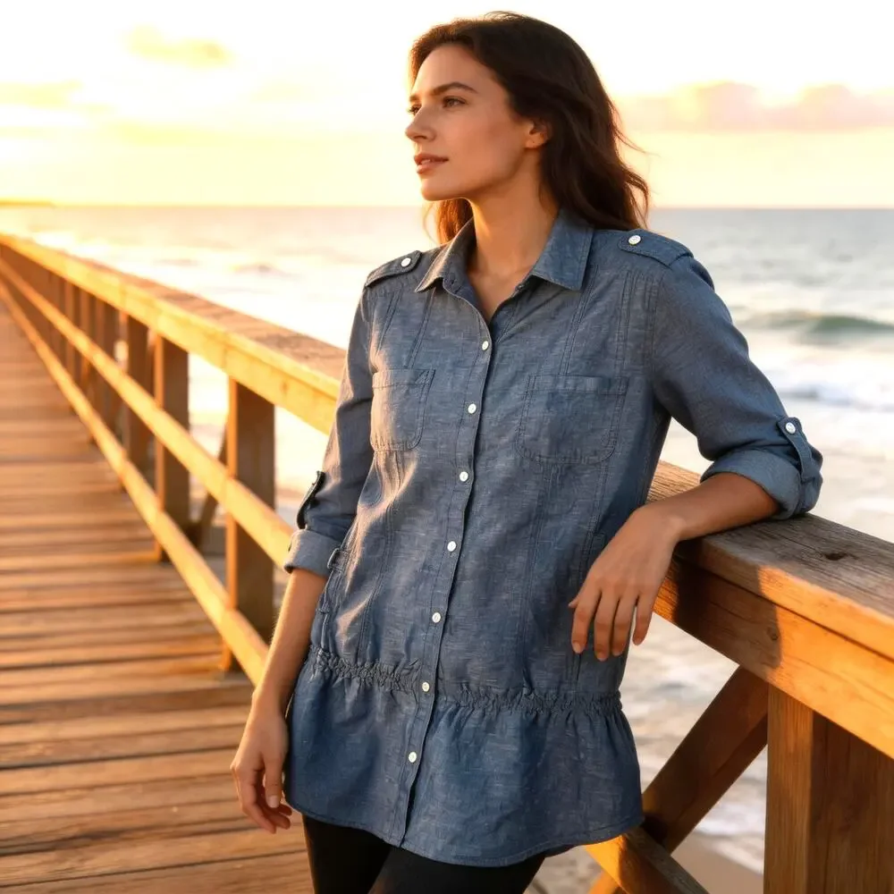 Chico's Linen Blend Military Peplum Chambray Top Blue Large - Picture 6 of 7